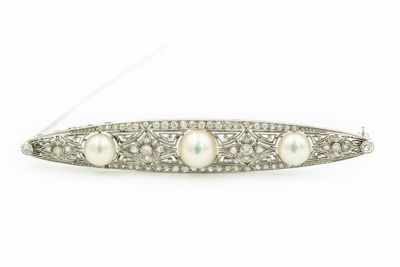 Estate Rare Edwardian Platinum Natural Pearl and Diamond Bar Brooch 