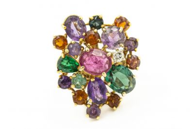 Estate Yellow Gold and Multi-Colored Gemstone Diamond Ring