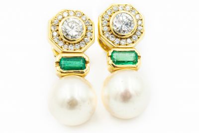 Estate Yellow Gold Cultured Pearl Diamond and Emerald Earrings
