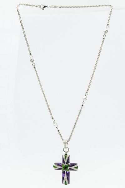 Estate White Gold Diamond Amethyst and Tsavorite Garnet Cross Necklace 