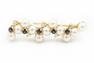 Estate Yellow Gold Cultured Pearl, Diamond and Sapphire Bar Brooch By Tiffany & Co.
