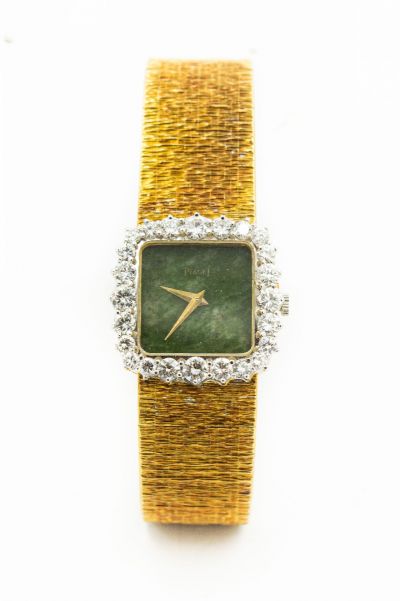 Ladies Yellow Gold Jadeite Jade and Diamond Piaget Wristwatch Ref 9245A6 Circa 1960's.