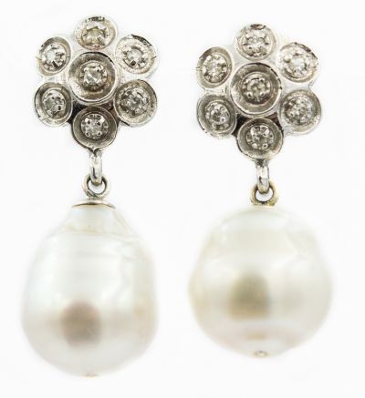 Estate White Gold Diamond and Cultured Pearl Earrings