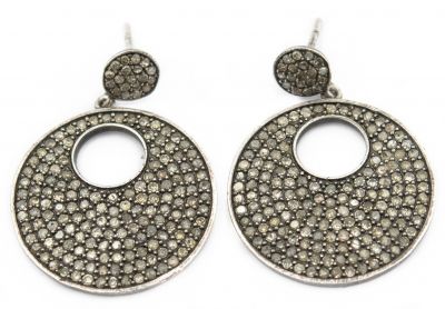 Estate Contemporary Sterling Silver and Diamond Disk Earrings