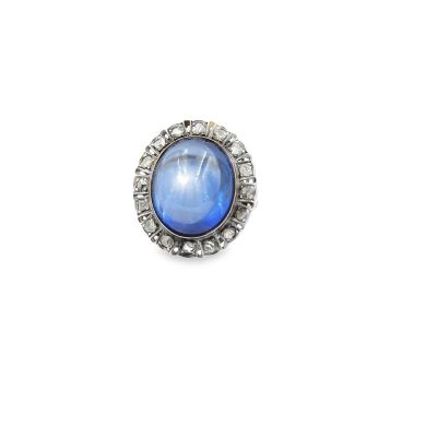 Estate Victorian Yellow Gold Platinum Topped Diamond and Blue Paste Ring 