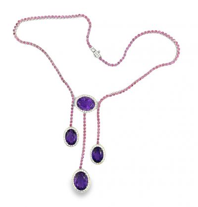 Estate White Gold Diamond Amethyst and Fancy Color Pink Sapphire Necklace 