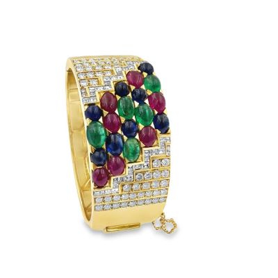 18K Yellow Gold Diamond Gemstone Cuff, Sapphires & Emeralds 35.49Cts & 10.00Cts Diamond, 72.80Dwt/113.30Grams, measuring 6 1/2, 1 1/8 inches in width