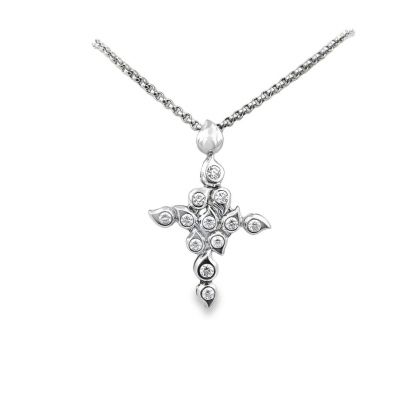 Designer 18K White Gold Paisley Diamond Cross Pendant with Chain Signed TC, 2.05Cts, 35 inches 18K white gold chain, 37.40Dwt/58.20Gr.
