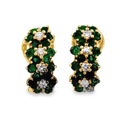 Estate Yellow Gold Diamond and Emerald Hoop Earrings by Mayors