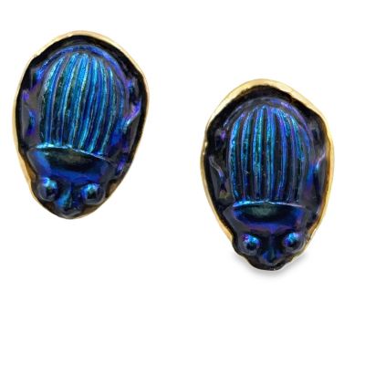 Estate Vintage Yellow Gold Tiffany Glass Scarab Earrings