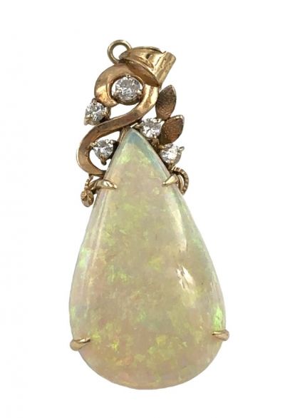 Estate Vintage Yellow Gold Diamond and Opal Pendant 