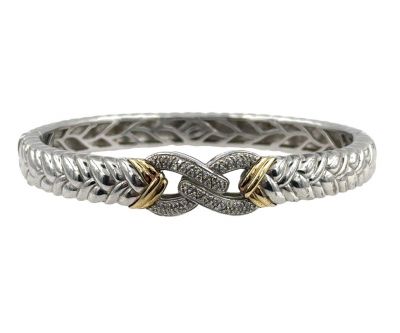 Estate Sterling Silver Yellow Gold and Diamond Bangle Bracelet 