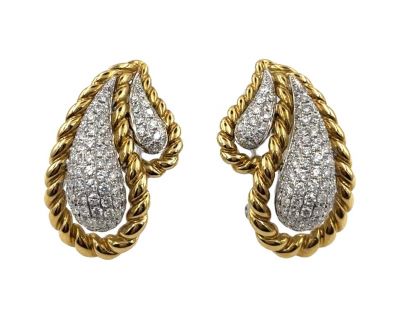 Estate Yellow and White Gold and Diamond Tear Drop Design Earrings 