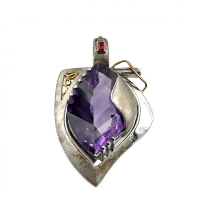 Estate Vintage Sterling Silver Gold and Amethyst Pendant