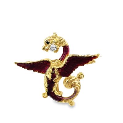 Estate Victorian Yellow Gold and Enamel Griffin Pin 