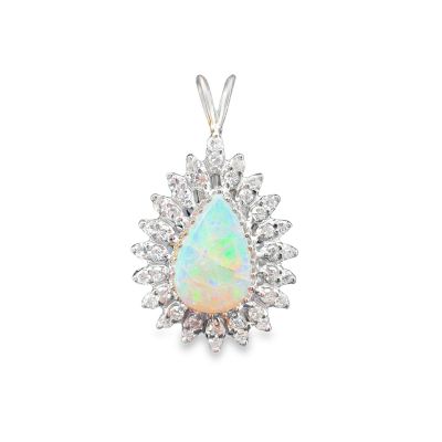 Vintage 14K White Gold Diamond Opal Pendant 