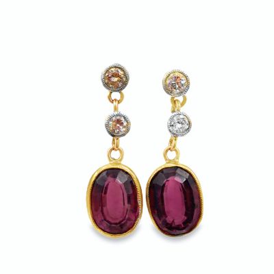 18K Yellow Gold Diamond Tourmaline Earrings.