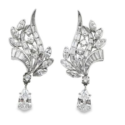 Vintage Platinum Diamond Ear Pendants. 