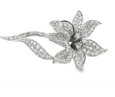 Estate Vintage Platinum and Diamond Floral Brooch 
