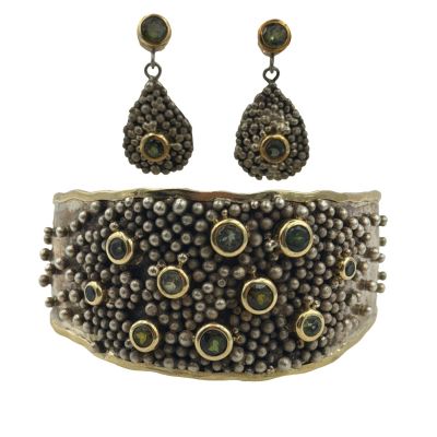 Vintage sterling silver and 18K gold beaded cuff bangle signed “The Dreamer,”