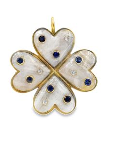 Estate Yellow Gold Diamond Sapphire and Moonstone Clover Pendant