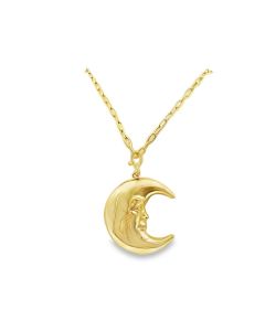 Estate Yellow Gold and Diamond Studded Crescent Moon Pendant Necklace