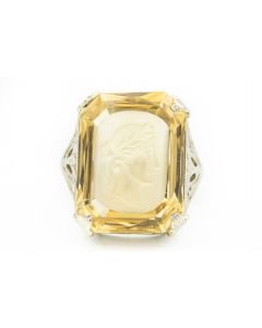 Art Deco White Gold and Citrine Filigree Intaglio Ring 