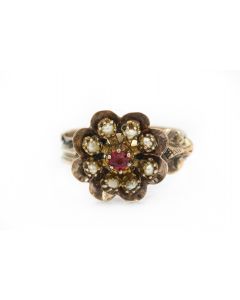 Victorian Yellow Gold Red Gemstone and Seed Pearl Ring 