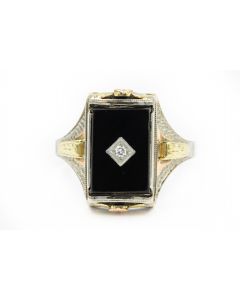Victorian Tri-Color Gold Diamond and Onyx Filigree Ring