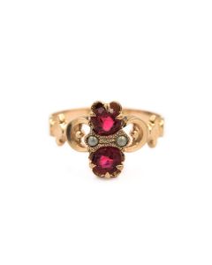 Victorian Rose Gold Pearl and Red Gemstone Ring 