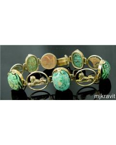 Egyptian Revival Yellow Gold and Carved Scarabs Hieroglyphic Panel Bracelet