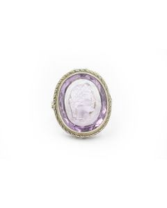 Art Deco White Gold and Carved Amethyst Intaglio Hardstone Ring