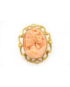 Art Nouveau Yellow Gold and Coral Cameo Brooch