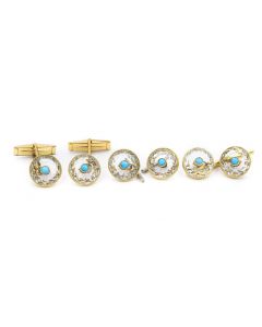 1970's Yellow Gold Crystal and Turquoise Tuxedo Stud Set