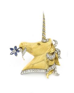 Estate Vaillant Yellow and White Gold Diamond and Blue Sapphire Unicorn Brooch