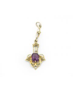 VIctorian Yellow Gold Seed Pearl and Purple Hardstone Lavalier Pendant