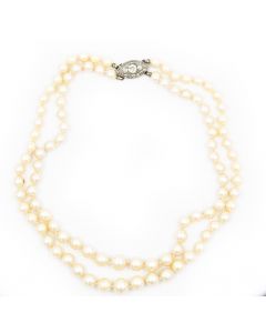 Estate 2 Strand Cultured Pearl Necklace with Platinum and Diamond Clasp