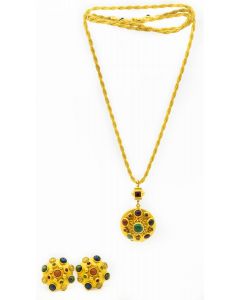 Estate Yellow Gold Plate and Gemstone Byzantine Earrings and Necklace Suite by Natasha Stambouli  