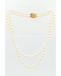 Estate Double Strand Pearl Necklace with Yellow Gold Sapphire and Diamond Clasp