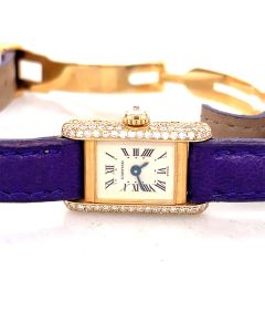 MK & DK Personal Collection - Ladies 18K Yellow Gold Cartier Diamond Mini Tank Wristwatch Ref 1317  Circa 1980's 