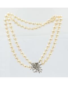 Estate Single Strand Pearl Necklace and White Gold and Diamond Floral Clasp