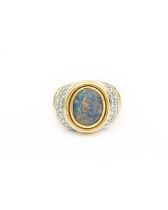 Estate Contemporary Yellow Gold Diamond and Black Opal Ring