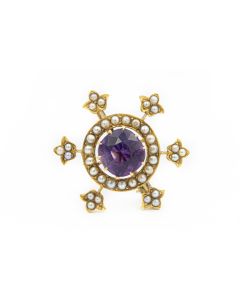 Estate Victorian Yellow Gold Amethyst and Seed Pearl Brooch