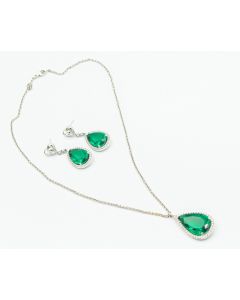 Estate White Gold Diamond and Green Gemstone Necklace and Earrings Suite 