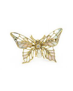 Estate Plique A Jour Yellow Gold Enamel Diamond and Pearl Butterfly Brooch