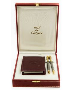 NOS Must de Cartier France Gold Finish Ballpoint Pen & Pencil Wallet Set with Box 