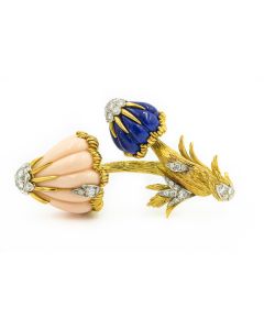 Estate Van Cleef and Arpels Style Gold Diamond Coral and Lapis Lazuli Mushroom Brooch 