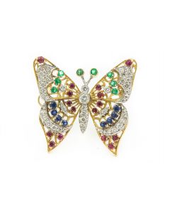 Estate Yellow Gold Diamond Ruby Sapphire and Emerald Brooch