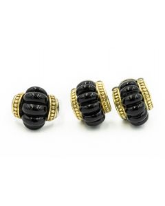 Estate Rare Sterling Silver Yellow Gold and Onyx Earrings and Ring Suite by Lagos Caviar 