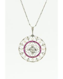 Estate Pretty Diamond Ruby and Natural Pearl Pendant By George Fouquet 